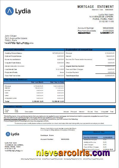 France Lydia Noir bank mortgage statement